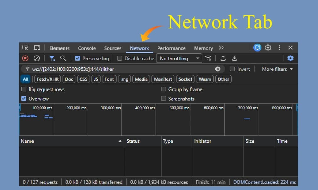 Devtool's network tab showing the network request interface 