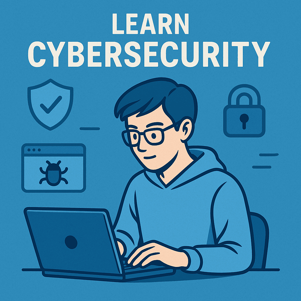 Illustration of a student learning cybersecurity on a laptop, representing beginner-friendly ethical hacking education.