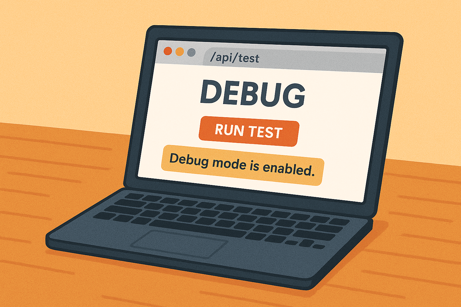Illustration showing a web application running in debug mode with a test endpoint exposed on a laptop screen.