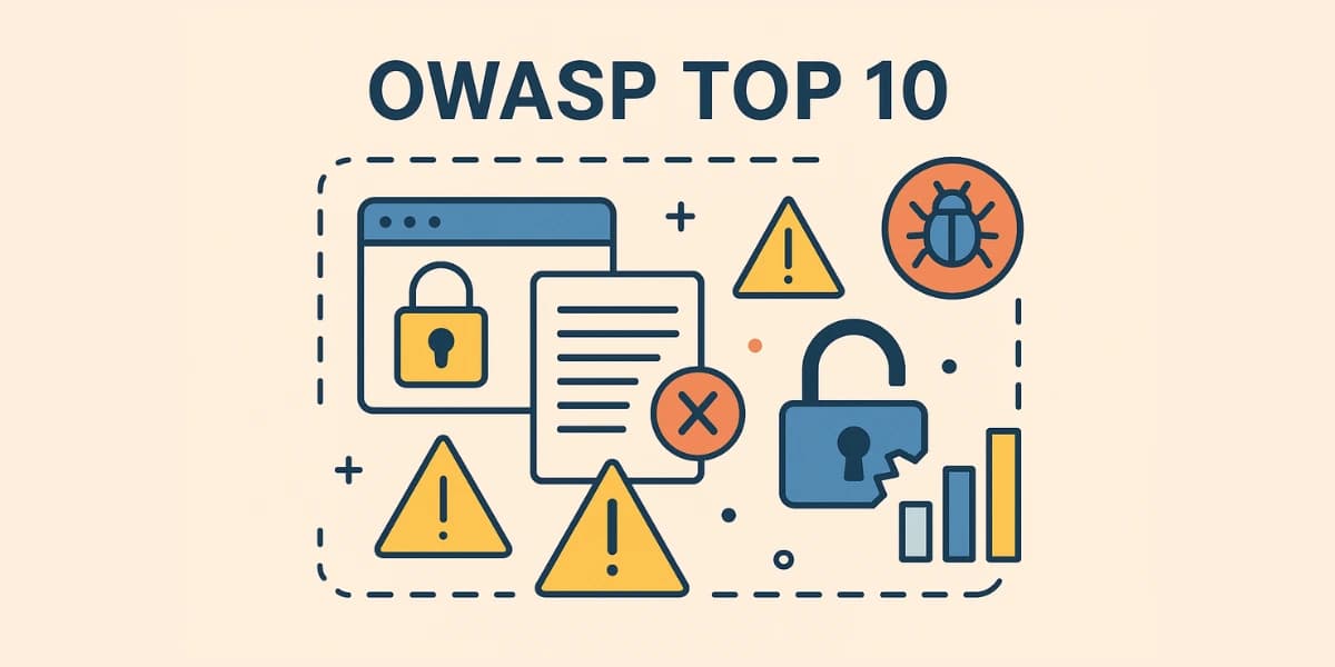 Illustration showing OWASP Top 10 concept with broken locks, exposed data, and warning signs.