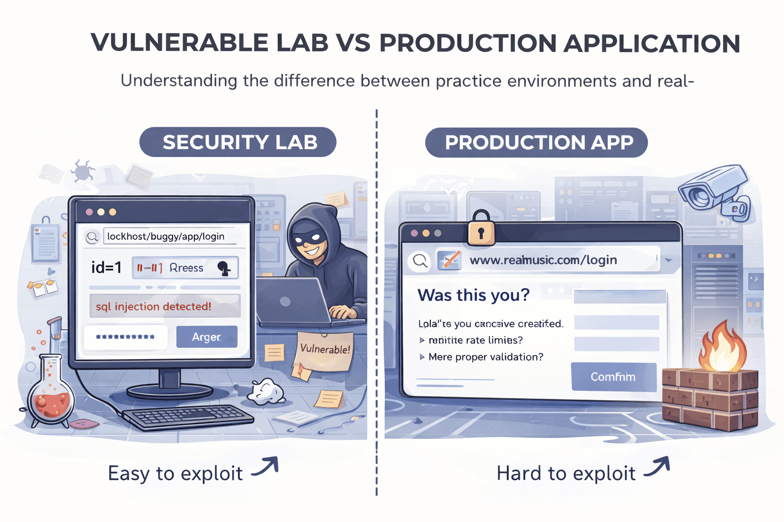 Illustration showing vulnerable lab environment versus hardened production application