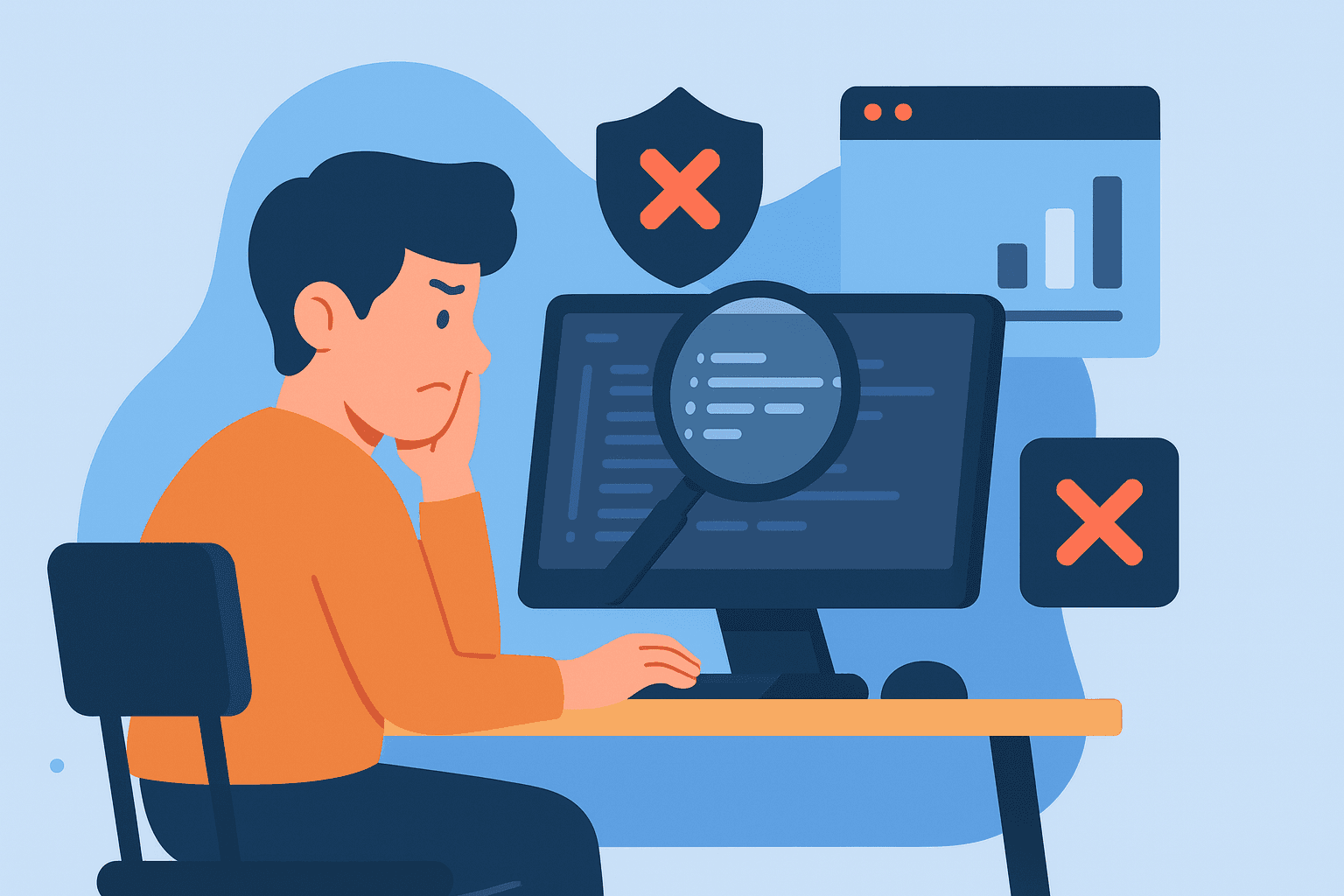 Illustration of a beginner analyzing recon mistakes on a computer, using a magnifying glass over code with warning and error symbols around, representing common errors in reconnaissance.