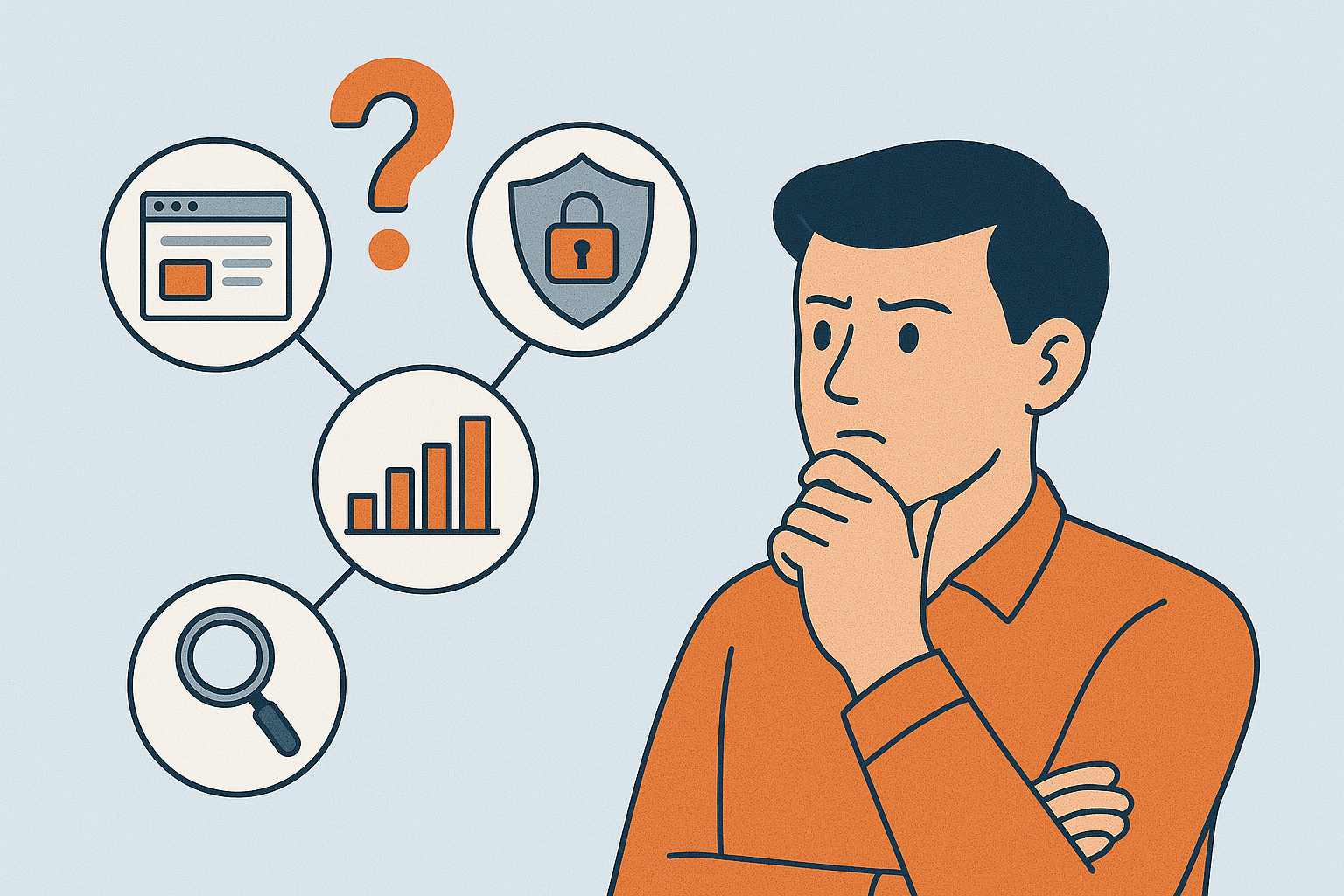 Illustration showing a person analyzing cybersecurity recon concepts with icons like a browser window, shield, magnifying glass, and bar chart, representing why recon matters in hacking and bug bounty.